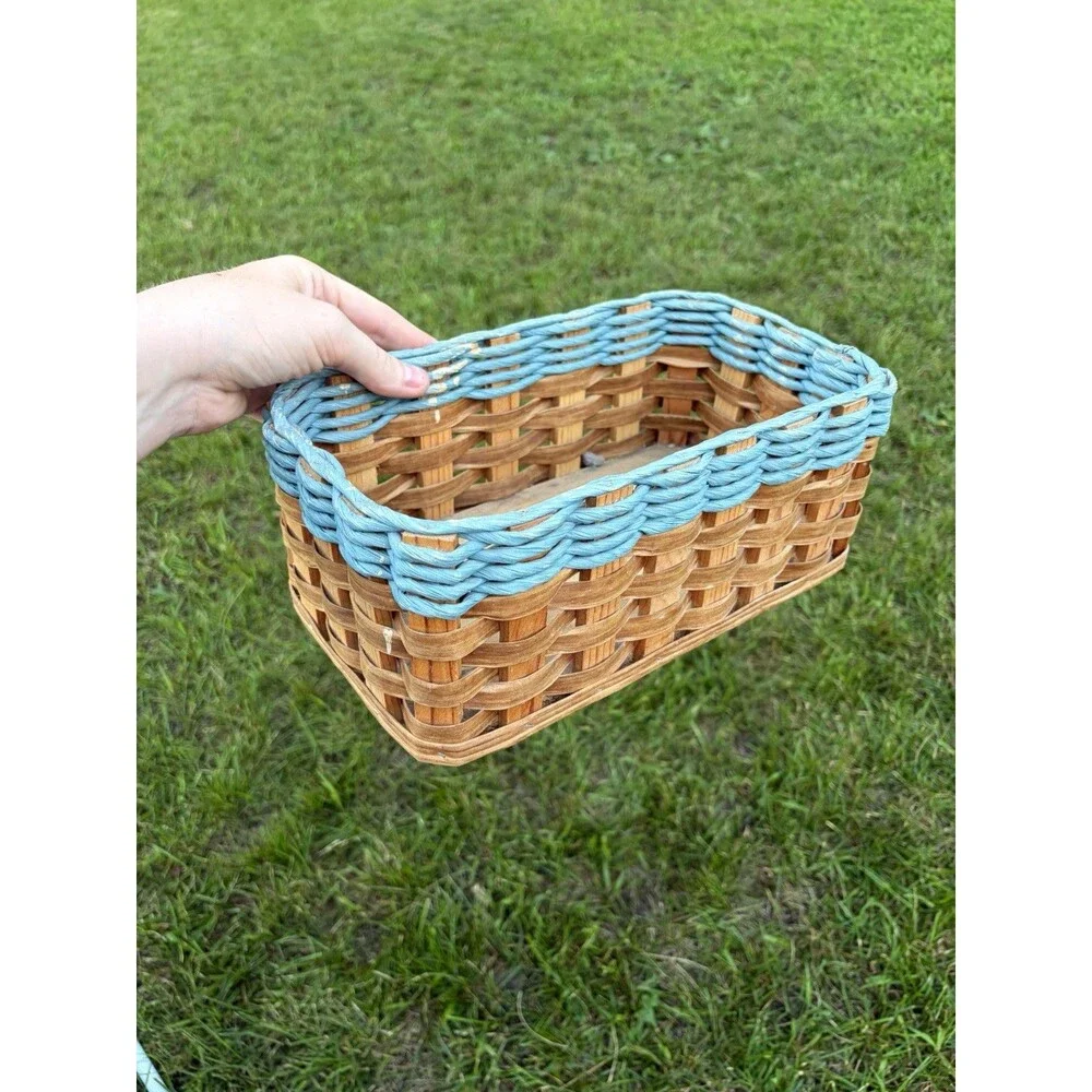 Rectangular Wicker Basket with Blue Rim, Wood Base, Handles, Medium Indoor